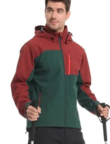 Produktbild: KUTOOK Softshelljacke Herren Winter Fahrradjacke Softshell Jacke Thermo Wasserdicht Atmungsaktiv Winnddicht mit Kapuze Funktionsjacke Übergangsjacke Damen für Outdoor Wandern Radfahren Grün&Rot XL