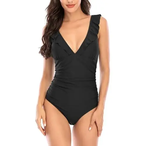Produktbild: Kuukaas Badeanzug Damen Schwarz Badeanzug Damen Bauchweg Badeanzug Damen Push Up Bademode Swimsuit Damen V Ausschnitt Urlaubskleidung für Damen M