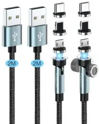 Produktbild: Kuulaa Magnetisches Ladekabel - 3 in 1 Magnet Ladekabel (2Stück, 2M+2M), 360°&180° Ladekabel Magnetisch, 3A Schnelllade & Datenübertragungs Magnetkabel für Typ C/Micro USB/i-Products