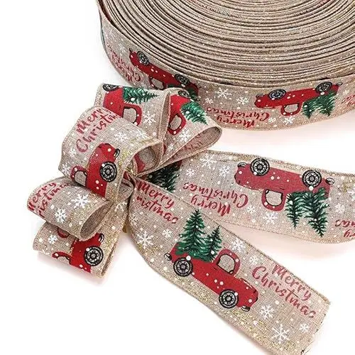Produktbild: Kuuleyn 2 Stück Geschenkband Weihnachtsband, Weihnachts-Sackleinenband zum Verpacken von Geschenken, Cartoon-Retro-LKW-Muster, 5 Meter dekoratives Zubehör(braun)