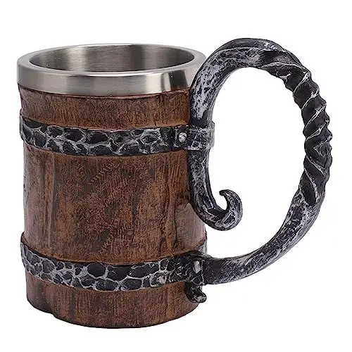 Produktbild: Wikinger-Bierkrug mit Griff, doppelwandiger mittelalterlicher Humpen aus 304 Edelstahl, hölzerner Bierkrug, Bierfass für Trinkparty-Dekorationen