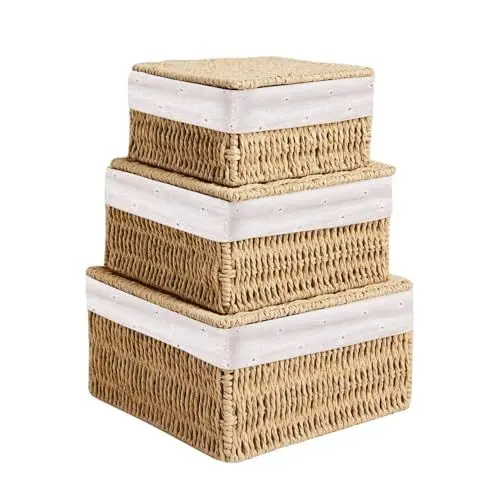 Produktbild: KUWUNG 3 Stück Korb mit Deckel, 3 Größen Aufbewahrungskorb Geflochten, Korb Geflochten aus Papierseil, Aufbewahrung mit Futter für Badezimmer, Make-up, Tischplatten, Schrank