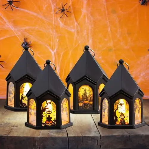 Produktbild: KUWUNG 4 Stück Halloween Laterne, Halloween Deko Kerzenlaterne, Halloween Laterne Outdoor mit LED Kerze, Halloween Deko Garten mit Batterie, Halloween Deko Laterne