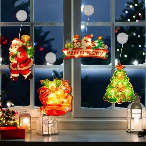 Produktbild: KUWUNG 4 Stück Saugnapf Weihnachten Lichter, Weihnachtsdeko Fenster, Weihnachtsbeleuchtung Fenster Batterie, Weihnachtsdekoration Lichter für Innen Außen Weihnachtsdeko