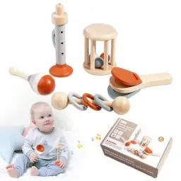 Produktbild: KUWUNG Musikinstrumente für Kinder ab 1 Jahr, 5 Teiliges Montessori Percussion Instrumente Set, Holzspielzeug Baby Mit Maracas, Trompete, Kastagnetten, Geschenk ab 0-3 Jahre