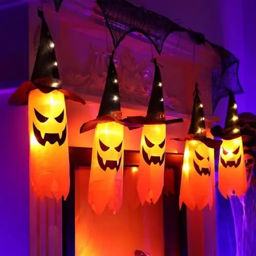 Produktbild: KUWUNG 5 Stück Halloween Deko Garten Outdoor, Hängende Geist Hexenhut Leuchtend, Batteriebetrieben Hexenhut Geister mit 50 LED Lichter, Lichterkette Halloween Innen für Party Fenster Hof Dekoration
