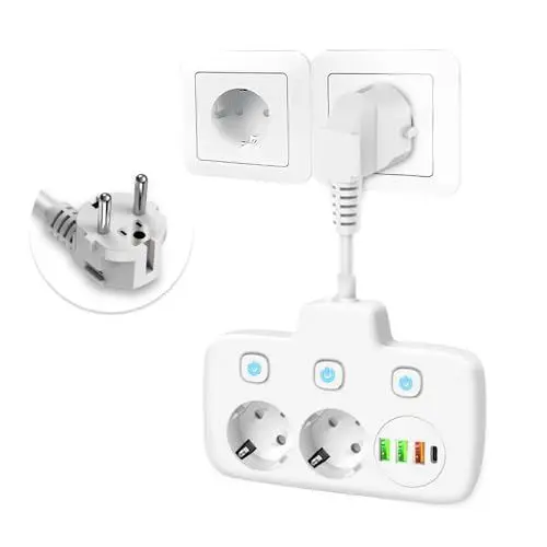 Produktbild: KUWUNG 6 in 1 Steckdose mit USB, 2-Fach Doppelstecker für Steckdose Steckdosenleiste mit Schalter, Verteilersteckdose mit USB und Schalter, WeißEU-Steckdosenleisten-Wandsteckerverlängerung für Zuhause