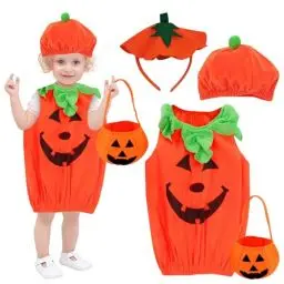 Produktbild: KUWUNG Baby Halloween Kostüm Kürbis kinder, Kürbis Kostüm Kinder mit Halloween Süssigkeiten Beutel & Hut, Kleinkind Halloween Kostüm Mädchen Junge Kostüme für Fasching Party Cosplay 3 4 5 Jahre