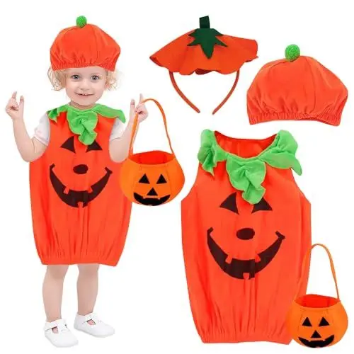 Produktbild: KUWUNG Baby Halloween Kostüm Kürbis kinder, Kürbis Kostüm Kinder mit Halloween Süssigkeiten Beutel & Hut, Kleinkind Halloween Kostüm Mädchen Junge Kostüme für Fasching Party Cosplay 3 4 5 Jahre