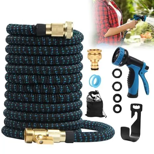 Produktbild: KUWUNG Flexibler Gartenschlauch 15M Wasserschlauch Flexibel Mit 3-Fach Latexkern, Dehnbarer Gartenschläuche Mit 10 Funktion Brause Und 3/4 Zoll Und 1/2 Zoll Massiven Messinganschlüssen100Ft