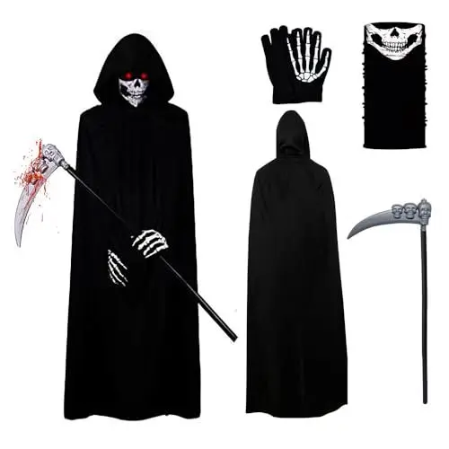 Produktbild: KUWUNG Halloween Sensenmann Kostüm Set, Sensemann Umhang Set mit Totenkopf Maske, Halloween Sense und Handschuhe, Halloween Kostüm Unisex für Halloween Dekoration Cosplay Karneval