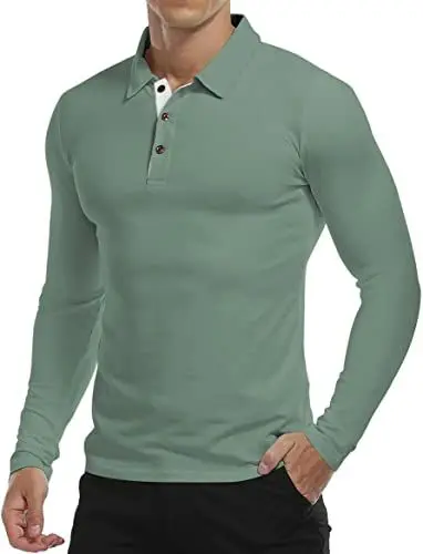 Produktbild: KUYIGO Herren-Langarm-Poloshirt aus frischem, atmungsaktivem Baumwoll-Premium-Gewebe L Grün