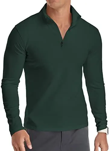 Produktbild: KUYIGO Langarm-Poloshirts für Herren, 1/4-Reißverschluss, einfarbig, lässig, schmale Passform, Stehkragen, Basic-Design, Baumwollhemden, S, Dunkelgrün