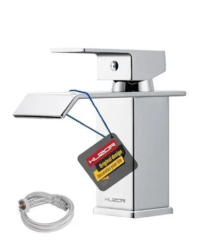 Produktbild: KUZOR 1PC Messing Wasserhahn Bad Waschtischarmatur - 5-minütige Installation, Wasserfall Badezimmerarmatur mit 50cm Kaltes Warmes Wasser Schläuche - Höhe 141 mm, Gewicht 645,4 g - Chrom