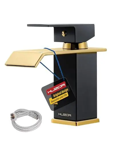 Produktbild: KUZOR 1PC Messing Wasserhahn Bad Waschtischarmatur - 5-minütige Installation, Wasserfall Badezimmerarmatur mit 50cm Kaltes Warmes Wasser Schläuche - Höhe 141 mm, Gewicht 631,4 g - Mattschwarz und Gold