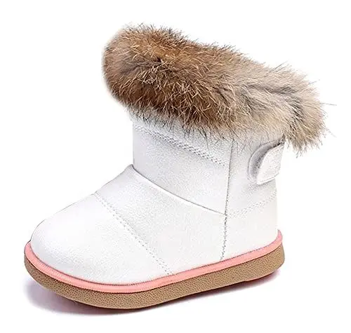 Produktbild: KVbaby Mädchen Warm Gefütterte Schneestiefel Baby Kinder wasserdichte Winterschuhe PU-Leder Kleinkindschuhe Weichsohlen Schlupfstiefel, Weiß, Größe 21 EU = Etikett 22