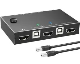 Produktbild: KVM Switch 2 PC 1 Monitore 4K@60Hz 2K@144Hz，ESKEVE HDMI KVM Switch für 2 PC Sharing Tastatur Maus und Monitore, mit 3 USB2.0 Geräten und Ethernet