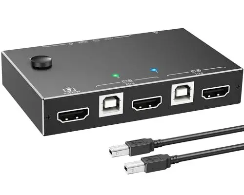 Produktbild: KVM Switch 2 PC 1 Monitore 4K@60Hz 2K@144Hz，ESKEVE HDMI KVM Switch für 2 PC Sharing Tastatur Maus und Monitore, mit 3 USB2.0 Geräten und Ethernet