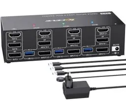 Produktbild: KVM Switch 3 PC 3 Monitore 8K@60Hz 4K@144Hz,Triple Monitor HDMI+2 Displayport KVM Switch für 3 PC Teilen 3 Monitors und 4 USB3.0-Geräte, mit 12V DC Netzteil, verdrahtet Fernbedienung und 3 USB-Kabel