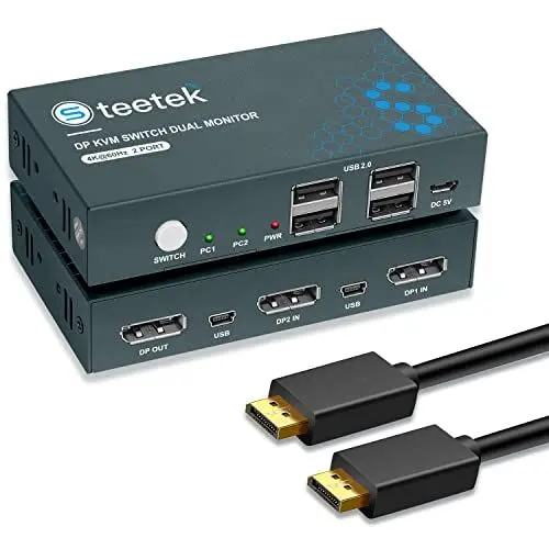 Produktbild: KVM Switch DisplayPort 2 Port,4K@60Hz,USB2.0,DP 1.2,DP KVM 2 PC 1 Monitor Switch,Displayport Switch, Kompatibel mit Einer Breiten Palette von Eingabegeräten und systemen,mit Kabel,Button Switch