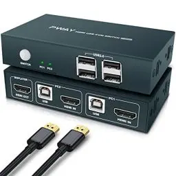 Produktbild: KVM Switch HDMI 2 Port, 4K@30Hz 2 PC 1 Monitor Switch, USB2.0 KVM-Switches mit Knopfschalter, 2 HDMI und 2 USB Kabel für 2 Computer Teilen Tastatur, Maus, Drucker und Einen HD-Monitor