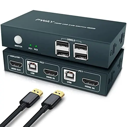 Produktbild: KVM Switch HDMI 2 Port, 4K@30Hz 2 PC 1 Monitor Switch, USB2.0 KVM-Switches mit Knopfschalter, 2 HDMI und 2 USB Kabel für 2 Computer Teilen Tastatur, Maus, Drucker und Einen HD-Monitor