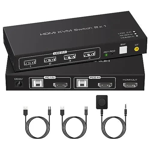 Produktbild: KVM Switch HDMI 2 Port 4K 60Hz USB 2.0 for 2 Computers 1 Monitor Share Keyboard Mouse Printer KVM USB Switch Support Wire Desktop Controller Includes 2 USB 2.0 Cables