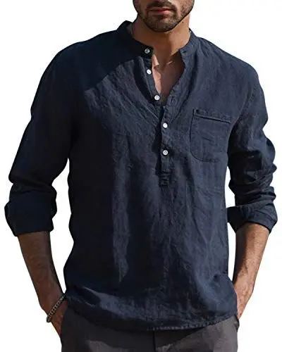 Produktbild: AUDATE Freizeithemd Herren Hemden Leinenhemd Henley Länge Ärmel reguläre Passform Kragenloses Shirt Marine XL