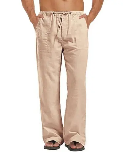 Produktbild: Kvruhuiy Herren Baumwolle Leinenhose Lang Freizeithose Strand Sommerhose Casual Kordelzug Hosen Khaki XL
