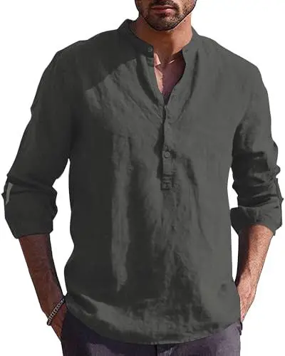 Produktbild: Kvruhuiy Herren Henley Hemden Leinenhemd Freizeithemden Männer Länge Ärmel Sommerhemd Strandhemd Dunkelgrau 3XL