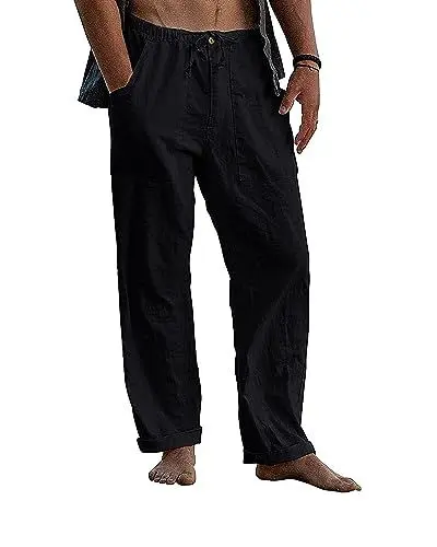 Produktbild: Kvruhuiy Herren Kordelzug Weitem Bein Baumwollhosen für Männer Leichte Casual Sommer Strand Leinen Hose Schwarz XXL