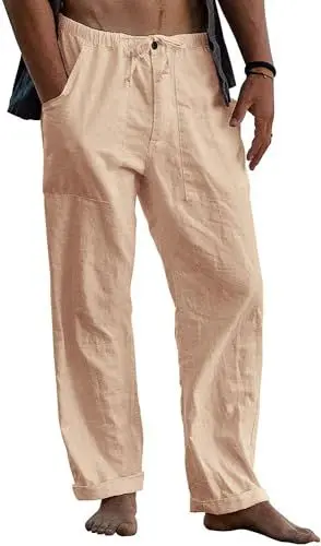 Produktbild: Kvruhuiy Herren Lang Leinenhose Baumwoll Casual Kordelzug Reißverschluss Freizeithose Strand Sommerhose Khaki L