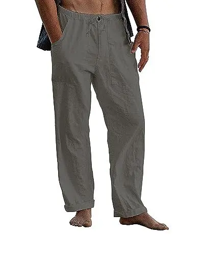 Produktbild: Kvruhuiy Hose Weitem Bein Herren Baumwolle Leinenhosen Kordelzug Reißverschlus Lässige Yoga Hose Dunkelgrau L