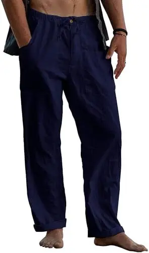 Produktbild: Kvruhuiy Männer Einfarbig Leinen Hosen Freizeithose Strand Casual Yoga Hose mit Weitem Bein Herren Marine L