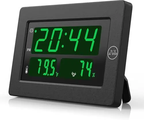 Produktbild: KWANWA Multifunktionsuhr Digitaler Wecker & Wanduhr – Batteriebetrieben mit Temperatur-/Luftfeuchtigkeits-Anzeige, 3 Helligkeitsstufen, 12/24h –Tischuhr für Nachttisch, Schreibtisch & Schlafzimmer