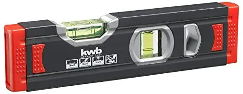 Produktbild: kwb 1 mm Mini Aluminium-Wasserwaage 20 cm - Präzise geschliffen, gesicherte Libelle - Stoßschutz aus Gummi - Schwarz/Rot