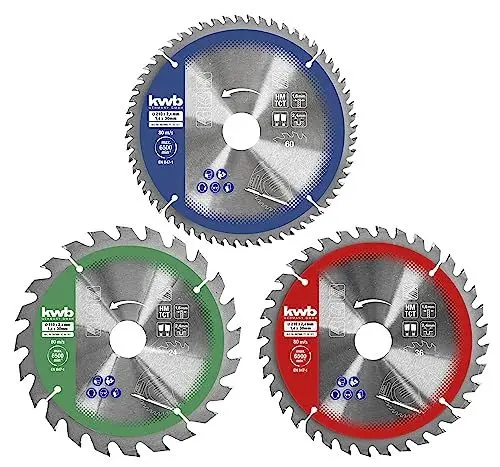 Produktbild: kwb Hochqualitatives 3-teiliges Kreissägeblatt-Set - 210 x 30/20/16 mm - Speziell für Kreis- & Tischkreissägen - Ideal für diverse Holzarten & Plattenmaterialien - inkl. Reduzierringe