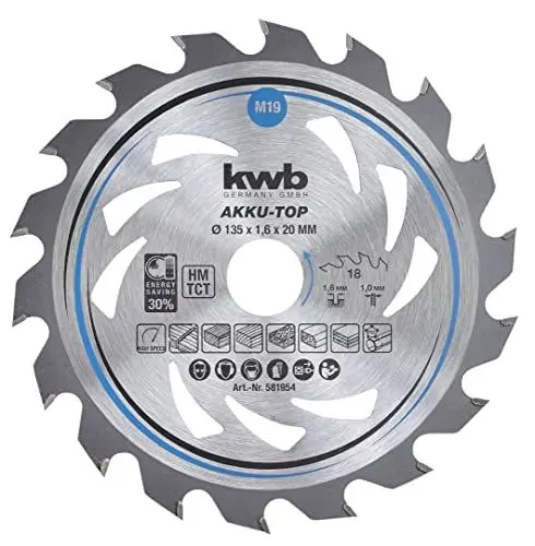 Produktbild: kwb Kreissägeblatt 135 x 20 mm, leichtgängig, speziell für Akkumaschinen, Sägeblatt geeignet für Weich- und Hartholz, Tischlerplatten und Spanplatten