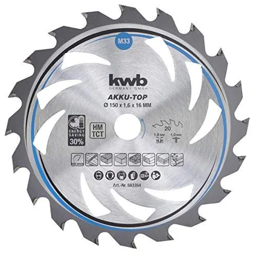 Produktbild: kwb Kreissägeblatt 150 x 16 mm, leichtgängig, speziell für Akkumaschinen, Sägeblatt geeignet für Weich- und Hartholz, Tischlerplatten und Spanplatten