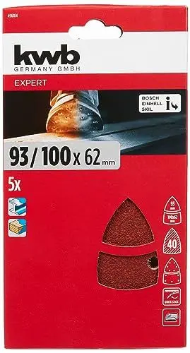 Produktbild: kwb Schleifdreiecke 100x62, 93 mm aus Edelkorund mit Körnung 40, werkzeuglosem Wechsel, Kunstharz-Verleimung und verstärktem Papierträger für den groben Schliff von Holz und Metall