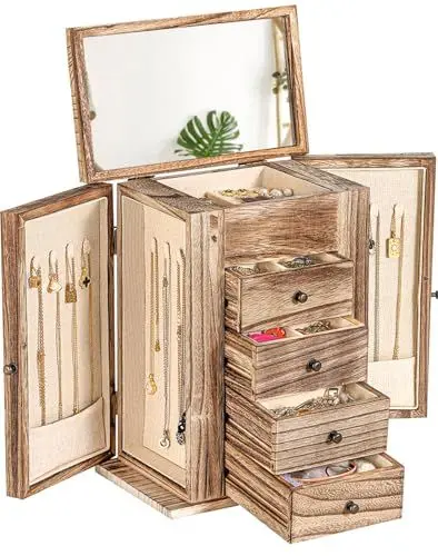Produktbild: Kweiugfi schmuckaufbewahrung schmuckkästchen schmuckschatulle schmuckbox schmuckkasten groß 4 Schubladen, schmuckkasten groß schmuckkästen für Frauen Halsketten Ohrringe Ringe Schmuck Lagerung
