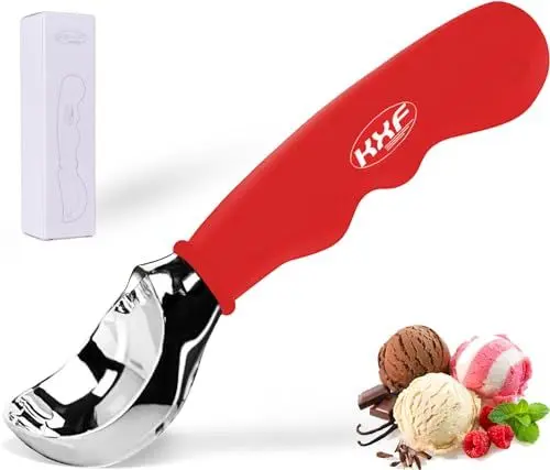 Produktbild: KXF Eisportionierer aus Edelstahl mit rutschfestem Gummigriff, robuster Eislöffel, stabiler Eisportionierer für Keksteig, Kartoffelbrei, Melonenkugeln, spülmaschinenfest (rot)