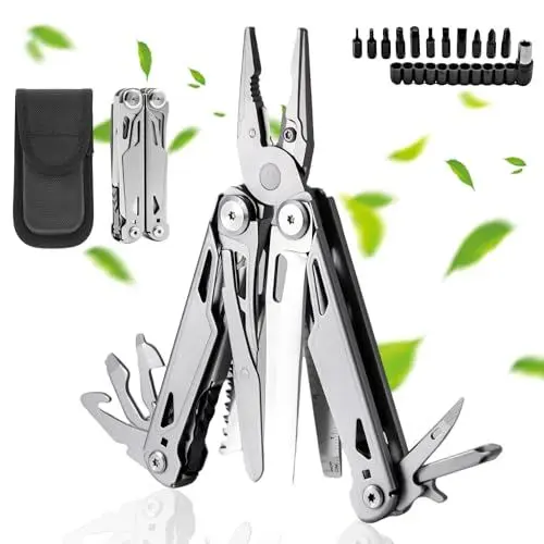 Produktbild: Kybelehoo Premium Multitool Werkzeug (27 in 1 Multitool Zange mit Bits) | Faltbar für Outdoor, Camping, Wandern | Inkl. Nylontasche & 11 Wechselaufsätzen (Geschenkidee für Abenteuer-Enthusiasten)