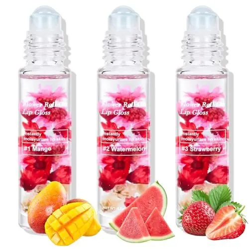 Produktbild: KYDA 3-Pcs Flower Roll On Lip Gloss, Infused Real Flowers, Fruchtaromatisierte feuchtigkeitsspendende Lippenöl, Feuchtigkeitsspendende Lippenöl Öl für trockene Lippe, Lippenöl Set