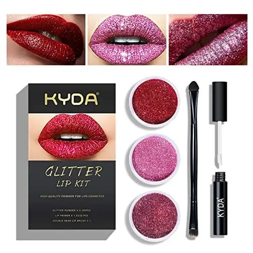 Produktbild: KYDA 3 Farben Glitter Lip Kit, Diamond Metallic Hochwertiges Puder für Lippenkosmetik, Glitter Lips Makeup, mit Lip Primer und Pinsel, langanhaltend, tierversuchsfrei (Set A)