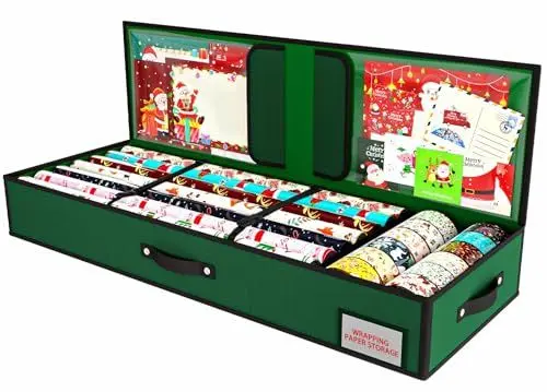 Produktbild: KYEVIS Geschenkpapier Aufbewahrung für Weihnachtsgeschenkpapier, Geschenkpapier Organizer mit Fächern für Schleifen, Anhänger, Schere und Bänder(GRÜN)