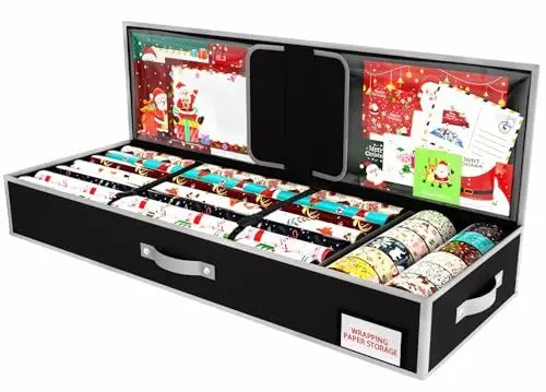 Produktbild: KYEVIS Geschenkpapier Aufbewahrung für Weihnachtsgeschenkpapier, Geschenkpapier Organizer mit Fächern für Schleifen, Anhänger, Schere und Bänder(Schwarz)