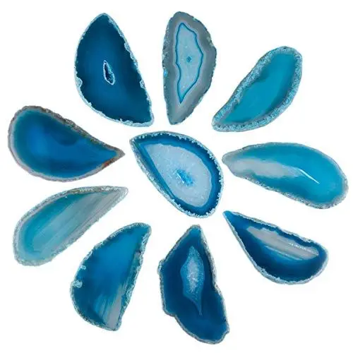 Produktbild: KYEYGWO 10 Stück Unregelmäßige Geode Achat Scheiben ohne Löcher, Polierte Achate Edelstein Heilung Kristall für Hausdekoration, Schmuckstellung, DIY und Heilstein Namen Karten, Blau