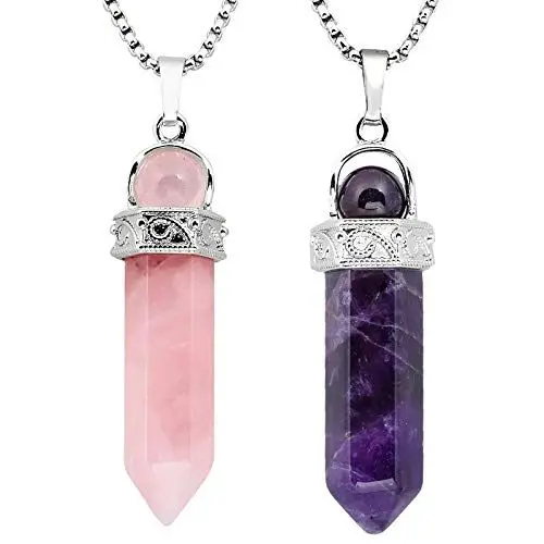 Produktbild: KYEYGWO 2 Stück Heilstein Punkt Anhänger Halskette für Damen und Herren, Hexagon Versilbertes Reiki Chakra Poliertes Steinpendel für Unisex, Rosenquarz & Amethyst