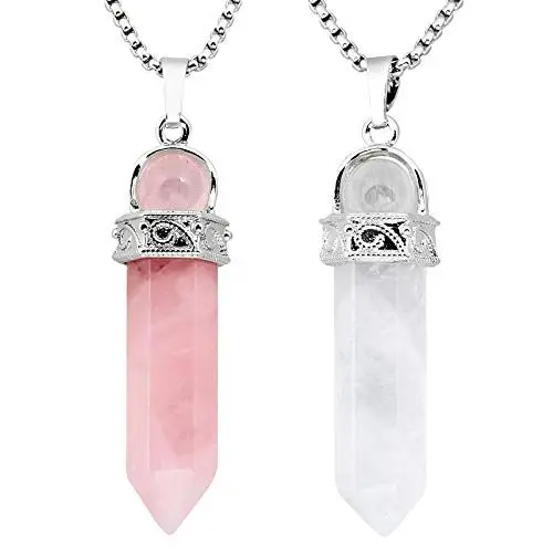 Produktbild: KYEYGWO 2 Stück Heilstein Punkt Anhänger Halskette für Damen und Herren, Hexagon Versilbertes Reiki Chakra Poliertes Steinpendel für Unisex, Rosenquarz & Bergkristall